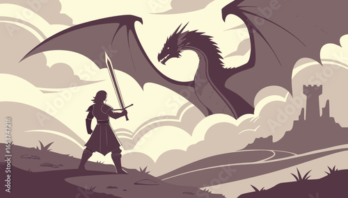 Epic battle between knight and dragon in a fantasy landscape