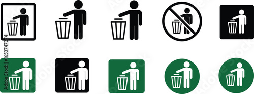 Waste management icons, person throwing trash, recycle bin symbols, keep clean signs, environmental protection, green eco reminder, disposal instruction, vector illustration Waste management icons,  