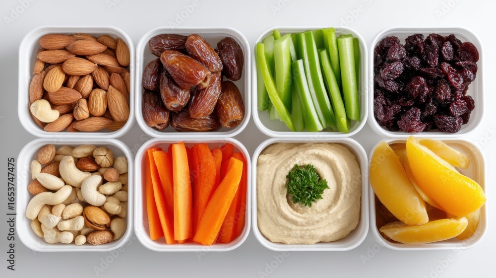 Obraz premium Assorted healthy snacks in lunch boxes on a white background - nuts, dried fruits, vegetable sticks, hummus, compact arrangement, top view 