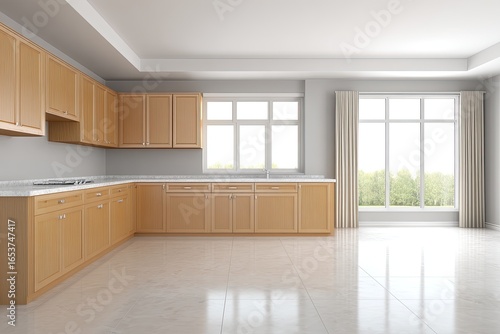 Light  modern kitchen interior with beige cabinets and marble countertops