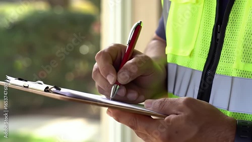 Hand Completing Form on Clipboard Near Window with High Visibility Vest