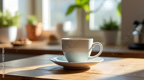 Wallpaper Mural Warm cup of coffee on a wooden table bathed in morning sunlight Torontodigital.ca