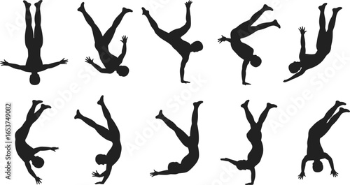 Silhouettes of acrobats performing flips, jumps, and handstands, dynamic gymnastic poses, athletic motion, sports performance, flexibility, strength, movement art