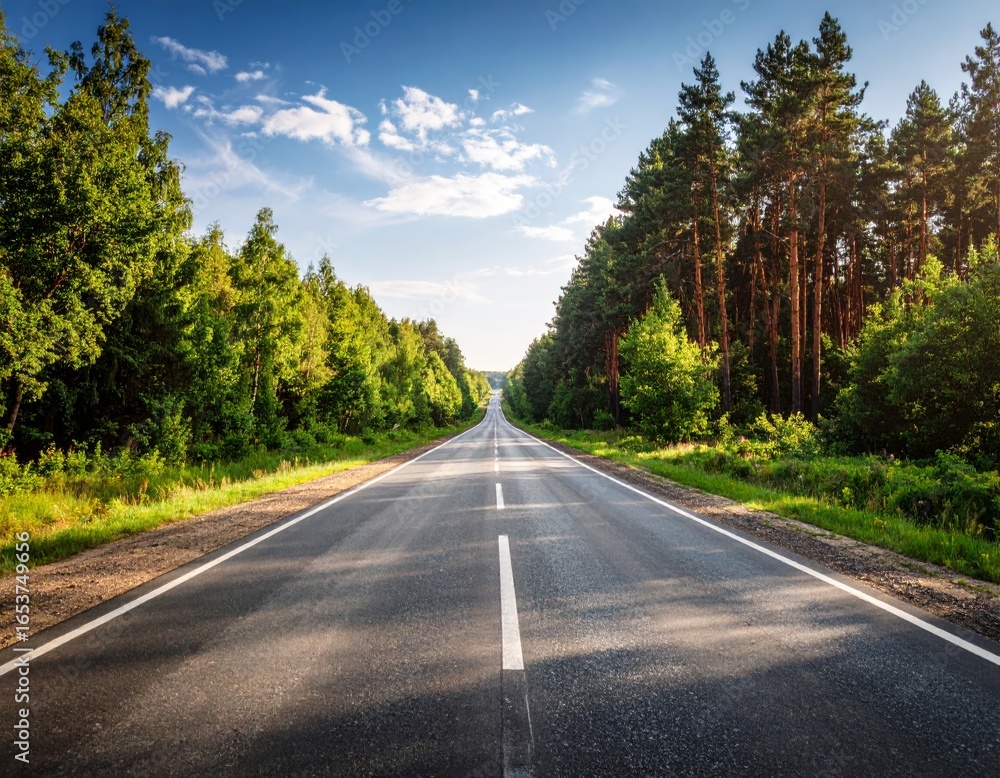 Fototapeta premium A curvy asphalt highway snakes through a green summer forest landscape with mountains in the distance