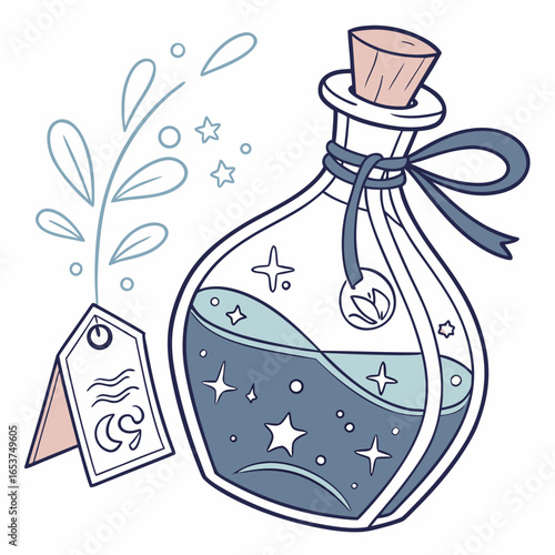 Mystical potion bottle with a starry elixir and a tag, illustration