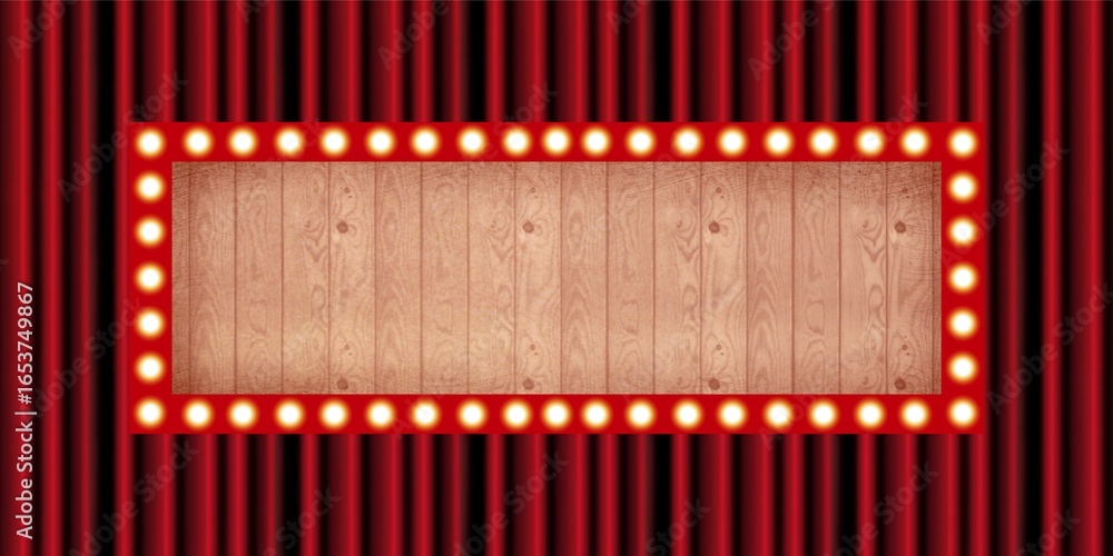 Obraz premium labels red wood light sign, circus, show, performance, vintage, film, old, neon, night, frame, border, card illustration Hand Drawn, direction sign movie theater stage red curtains