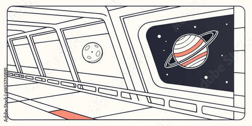 Intriguing space station interior view with planets in window 