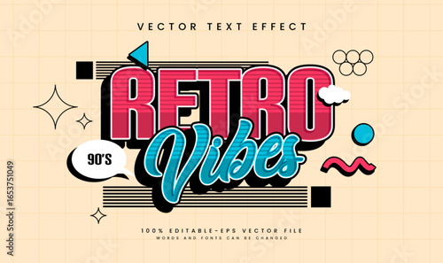 Retro Vibes Style Editable Vector Text Effect. Cartoon Pop Groovy Style.