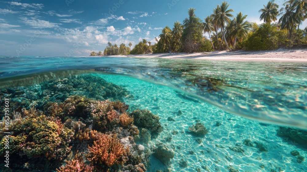 Obraz premium A vibrant underwater scene showcasing colorful coral reefs beneath crystal-clear water, bordered by a beautiful tropical beach and palm trees.