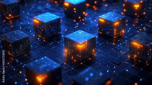 Wallpaper Mural Abstract arrangement of cubes with glowing edges on a dark blue background. Torontodigital.ca