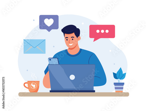 Man sitting at desk using laptop and smartphone with social media icons floating around him