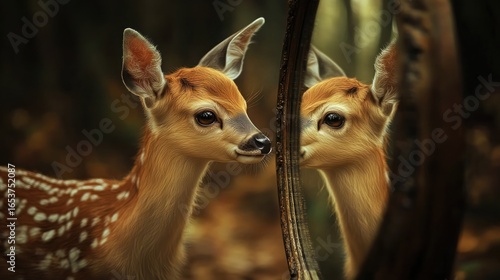Fawn in Forest, Mirror Reflection, Autumnal Woods, Self-discovery