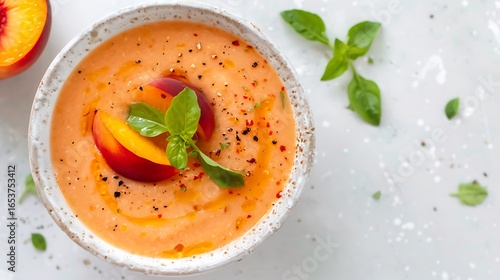 Refreshing peach gazpacho with fresh basil garnish