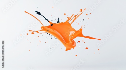 Bright orange paint splatter creates dynamic and energetic visual effect, showcasing fluidity and vibrancy of color. contrasting black droplets enhance overall impact