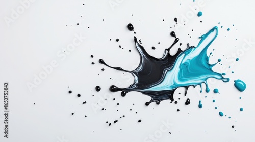Vibrant splash of black and turquoise paint creates artistic and dynamic visual on clean white background, evoking creativity and energy