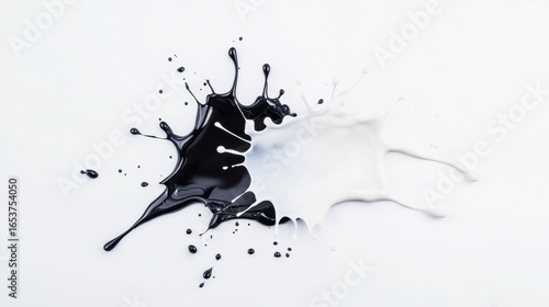 Black and white paint splashes create striking contrast on clean white background, showcasing dynamic interaction between two colors. fluid shapes evoke sense of creativity and artistic expression