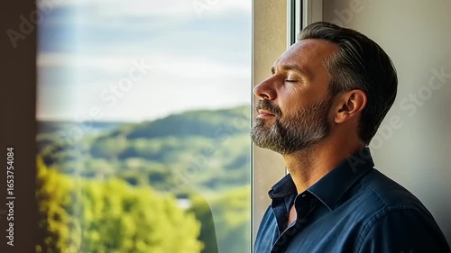 Wallpaper Mural Man enjoying a moment of tranquility by a window, overlooking a lush green landscape with soft sunlight Torontodigital.ca