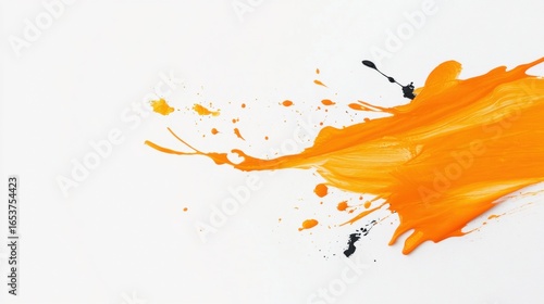 Vibrant orange paint splatter creates dynamic and energetic visual on clean white background, showcasing creativity and artistic expression. contrasting black accents add depth and interest