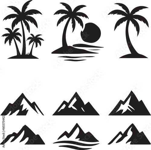 Collection of tropical palm tree and mountain peak silhouette icons