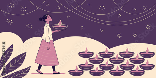 Radiant Diwali festival background with rows of diyas and dreamy Booker dark purple backdrop.