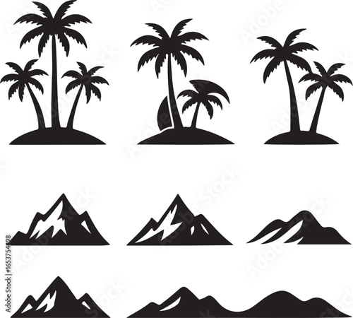 Silhouetted tropical islands and dramatic mountain ranges against a vibrant sky