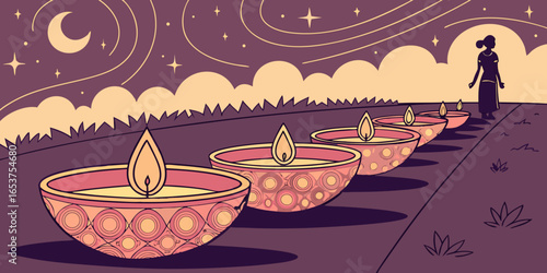 Radiant Diwali festival background with rows of diyas and dreamy Booker dark backdrop.