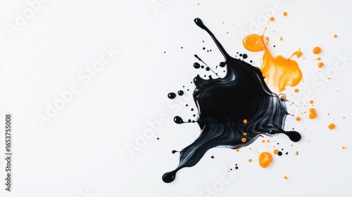 Black and orange paint splashes create vibrant and dynamic composition on white background, evoking creativity and artistic expression. contrasting colors enhance visual interest and energy