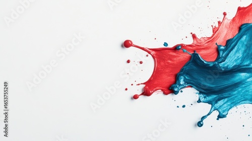 Vibrant splashes of red and blue paint create dynamic and artistic composition, showcasing beauty of color and creativity. fluid motion evokes sense of energy and expression