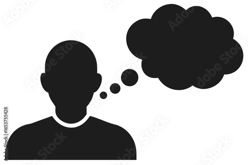 Silhouette of a person with a thought bubble containing circles and a cloud head shoulders