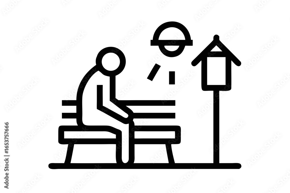 Fototapeta premium Simple line art icon of two people sitting on a park bench near a birdhouse vector illustration