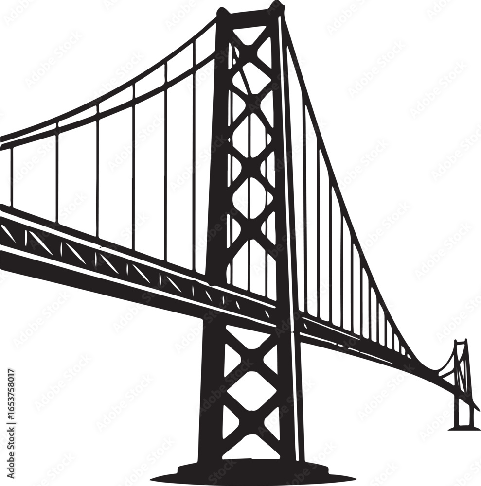 Fototapeta premium Striking silhouette of a suspension bridge tower and cables against a white background emphasizing architectural grandeur and engineering prowess