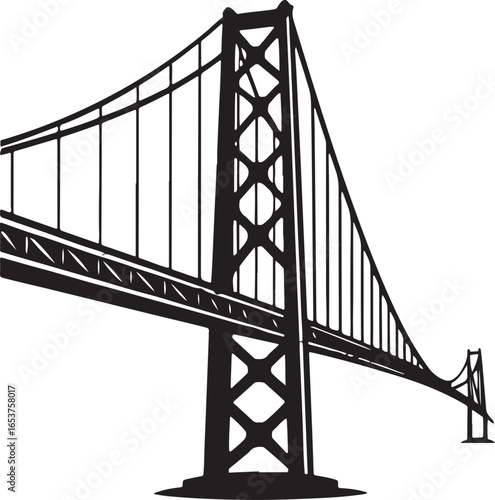 Striking silhouette of a suspension bridge tower and cables against a white background emphasizing architectural grandeur and engineering prowess