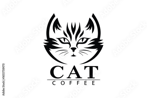 Black and White Cat Face in Coffee Cup Logo Design on White Background