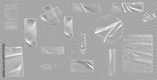 Transparent adhesive plastic tape pieces and cross for fixing isolated on transparent background. Crumpled adhesive plastic