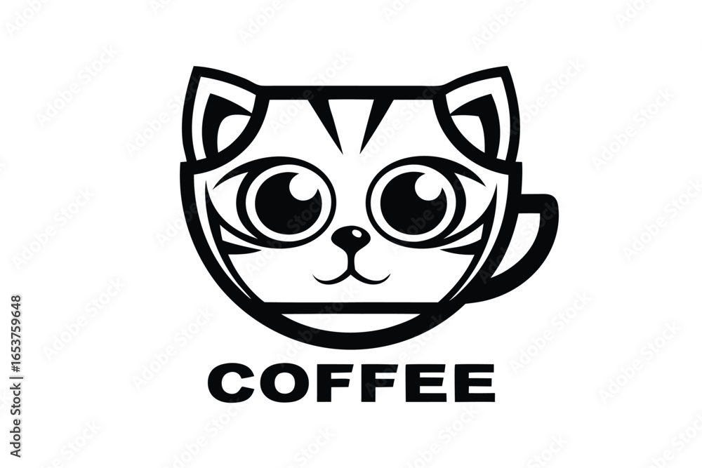 Fototapeta premium Coffee Cup Cat Design Black Stripes Adorable Cartoon Style On White Background
