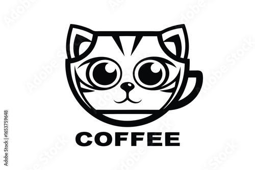 Coffee Cup Cat Design Black Stripes Adorable Cartoon Style On White Background