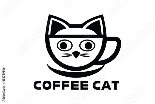Coffee Cup Cat Mascot Silhouette Logo with White Background Design