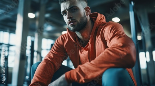 Focused Man in Orange Hoodie, Gym, Reflective Lighting, Strength Training