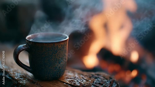 A steaming mug of hot drink rests on a rustic wooden surface, blurred flames from a bonfire in the background creating a warm, inviting atmosphere.