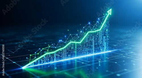 Dynamic tech graph visualization showing upward trend and business growth with glowing circuit lines