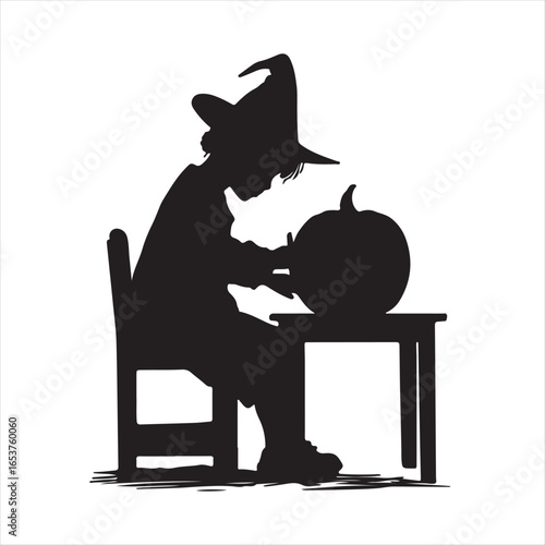 Silhouette of a Sitting Child Wearing Witch Hat Painting Halloween Pumpkin - Vector Illustration