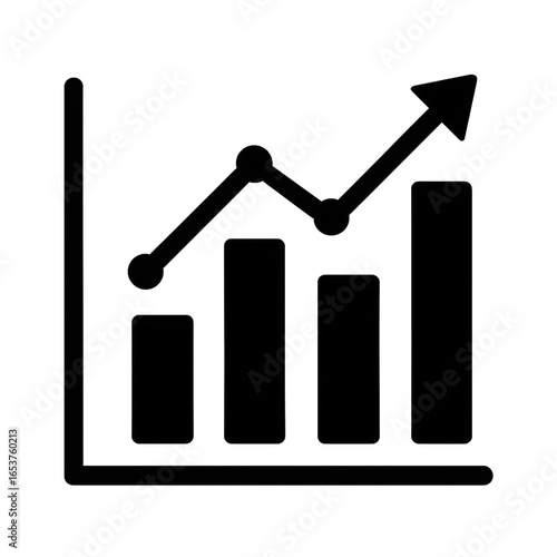 Bar Chart Icon with Upward Trend and Arrow, Black and White Graphic Symbol for Business Analytics, Growth, Performance Reporting and Statistics