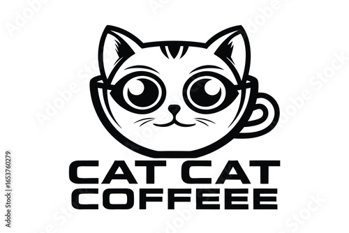 Cat Face Coffee Cup Icon in Art, Isolated on a White Background