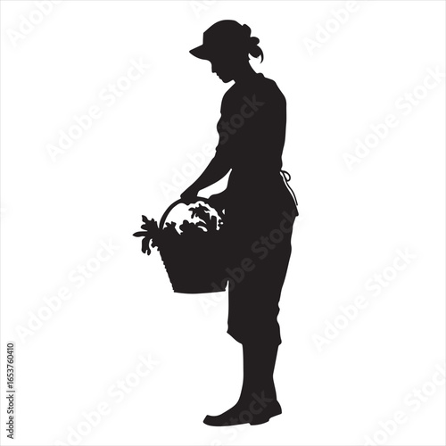 Black Silhouette of a Woman Carrying Her Harvest in a Bucket – Vector Illustration