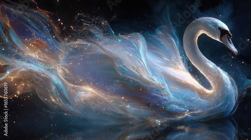 Fototapeta Naklejka Na Ścianę i Meble -  Majestic swan ascending through cosmic nebula trails of light and stars