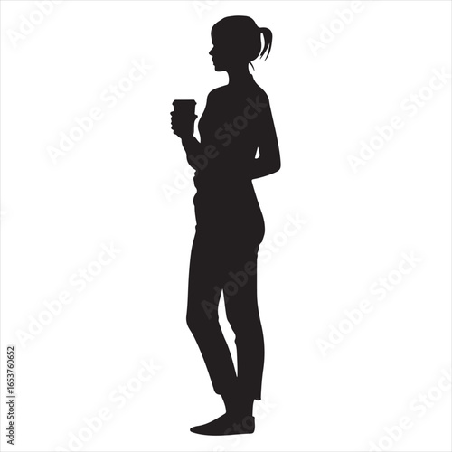 Side View Silhouette of Woman Holding a Glass – Vector Illustration