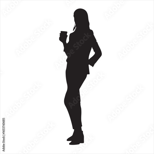 Woman Silhouette Standing with a Glass in Hand – Vector Illustration