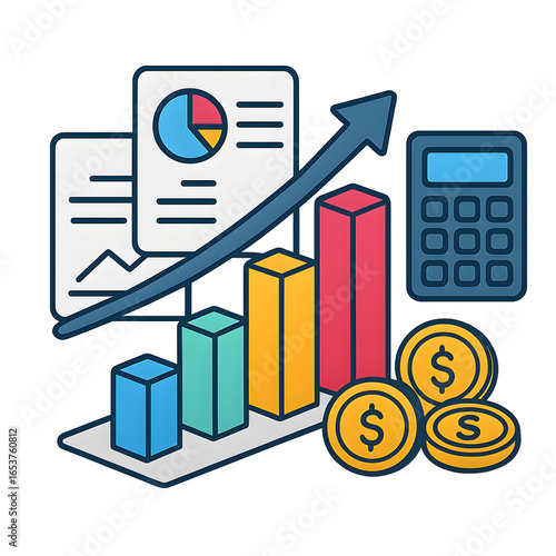 Bar Chart Showing Upward Financial Growth, Blue and Red 3d Bars with Calculator and Coin Icons, Business Analytics Concept in Flat Vector Style