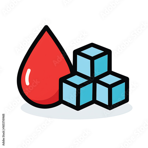 Vector of blood drop and refined sugar cubes. Symbol of diabetes type exam. Icon of test of glucose level