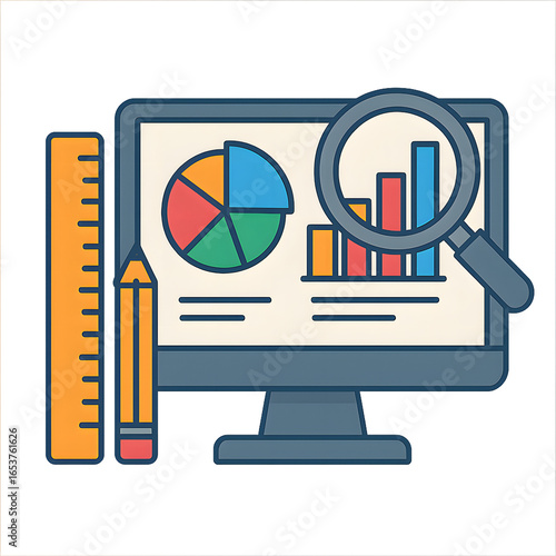 Computer Displaying Colorful Pie Charts and Bar Graphs with a Magnifying Glass and Pencils on the Side